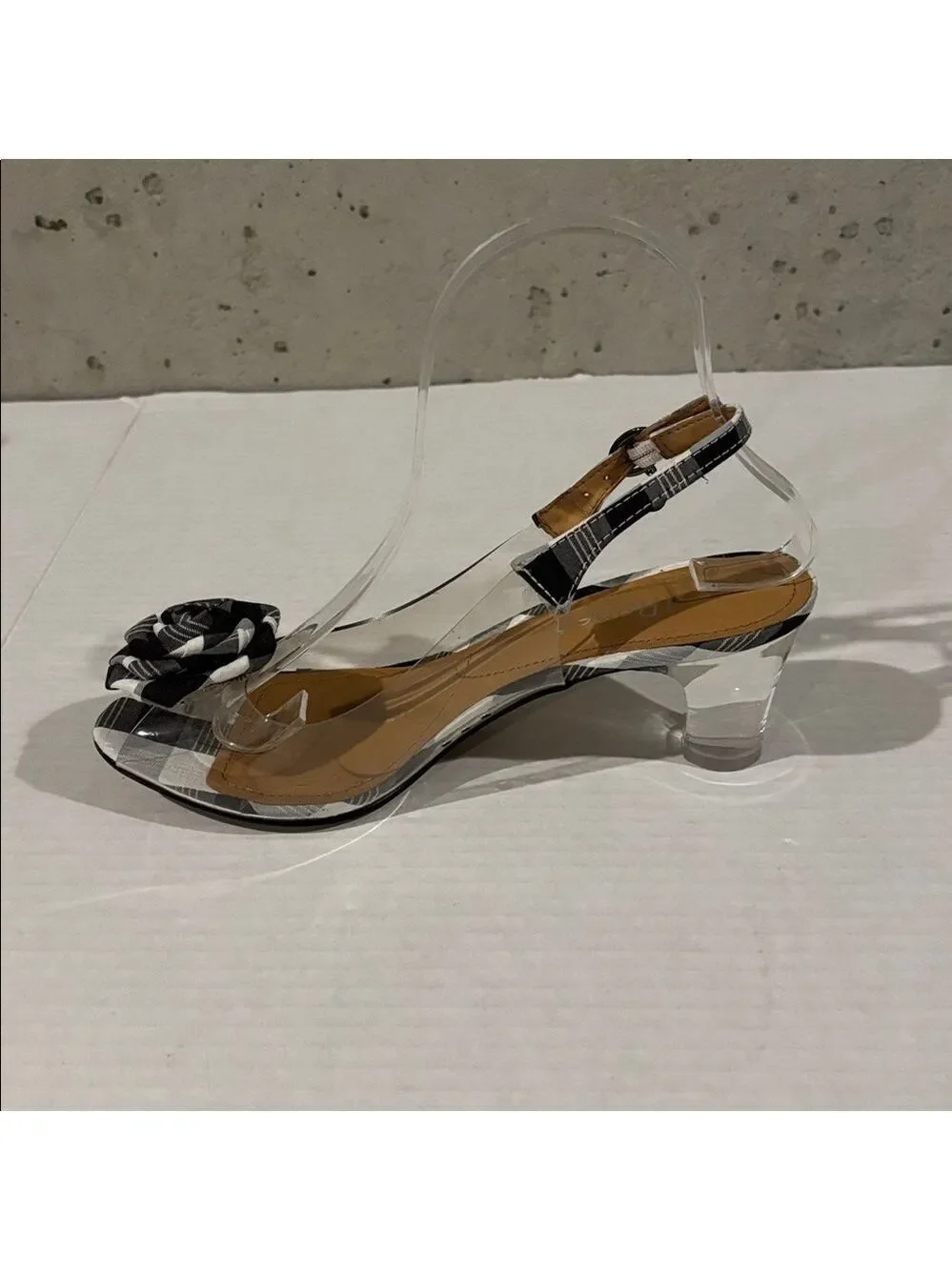 J.Renee Black & White Checkered and Lucite Dailona Heels w/ Floral Bow - Sz 7